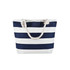 A navy and white striped tote bag with a rope handle, featuring a simple design and an attached logo.