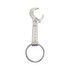 A drink bottle opener shaped like a wrench, made of metal with a silver finish, featuring a keyring attachment.
