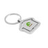 A silver metal keyring shaped like a house with a keychain loop and a logo.