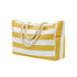 A yellow and white striped beach bag with rope handles and a side pocket. It features a simple logo.