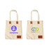 A canvas bag in beige with tan leather accents and two different logos on each side.