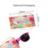 A pair of pink pinhole sticker sunglasses packaged in a colourful, floral drawstring pouch.