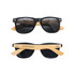 Bamboo sunglasses featuring black lenses and natural bamboo arms, with a logo on one side.