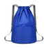 A blue bucket drawstring backpack with grey straps and a front pocket. It features a logo on the front.