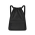 A black lightweight drawstring backpack with a front zip pocket and a logo patch.