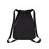 A black lightweight drawstring backpack with adjustable straps and a zippered pocket. Features a logo.