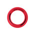 A red donut-shaped flyer with a black accent and a logo on the surface.