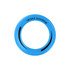 A blue flying disc with a black design and a logo on the surface.