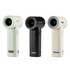 A collection of three handheld fans in mint green, black, and cream, each featuring a distinct logo.