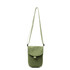 A small size canvas shoulder bag in a muted green colour with an adjustable strap and a flap closure.