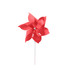 A red six-leaf pinwheel with a white stick, featuring cut-out designs in the leaves and a central hub.