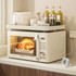 A cream-coloured microwave oven sits on a counter, displaying a cooked chicken inside, with condiments and a toaster nearby.