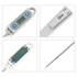 An instant read meat thermometer in white, featuring a long probe and a digital display. It includes a logo.