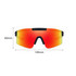 A pair of frameless sports sunglasses with a reflective orange lens and black accents, displayed with dimensions.