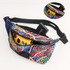 A vibrant multicoloured bum bag with a black strap and a clear front pocket. It features a logo.