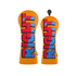 A pair of custom golf head covers in bright orange, featuring bold blue and red graphic designs and a logo.