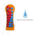 A bright orange custom golf head cover with blue lettering, featuring water and stain resistance.