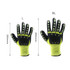 Heavy-duty safety work gloves in yellow and black, featuring reinforced thumb web and varying sizes indicated.