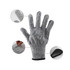 A pair of cut resistant gloves in grey, featuring a textured surface and a black cuff. The image includes close-up details.