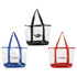 Three large clear zippered tote bags in black, blue, and red, featuring logos on the front of each bag.