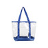 A large clear tote bag with blue straps and a blue base, featuring a zippered top for secure closure.