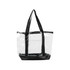 A large clear zippered tote bag with black handles and a black base, featuring a logo.