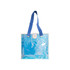 An iridescent clear tote bag with blue straps and a snap closure, perfect for versatile use.