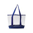 A transparent handbag with navy blue straps and base, featuring a simple design and ample storage space.