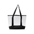A transparent handbag with black vinyl accents and sturdy black handles. It has a spacious open design.