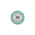 A round poker chip in turquoise and beige, featuring a white centre with the number 10 and a design around the edge.