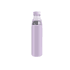 A drink bottle with a stainless steel base and a clear glass top, featuring a lilac silicone sleeve and a lid.