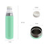 A drink bottle in mint green stainless steel with a clear lid and dimensions displayed. Includes an inner cap.
