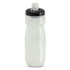 A drink bottle with a translucent white body and black lid, featuring a sports spout and a logo.