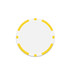 A poker chip in white with yellow accents around the edge, featuring a logo in the centre.