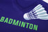 A purple long-sleeve V-neck shirt featuring a badminton shuttlecock design and the word "BADMINTON" in green.