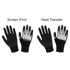 Two pairs of black insulating gloves displayed side by side, featuring different designs on the palms. One pair has screen print, the other has heat transfer.