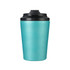 A drink bottle featuring a turquoise spray-painted stainless steel exterior and a black lid, with branding visible.