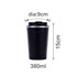 A stainless steel coffee mug with a sleek black exterior, measuring 15cm in height and 9cm in diameter, featuring a lid.