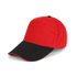 A red and black cap with a sandwich bill and a logo on the front.