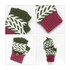 Fingerless gloves in green and white with a pink cuff and a button detail, featuring a jacquard pattern.