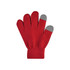 A pair of red knitted gloves with grey fingertips and a woven label.