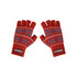 A pair of red fingerless gloves with blue and white snowflake patterns and a branding logo.