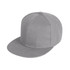 A grey 6 panel trucker cap featuring a flat brim and a structured crown with a logo.