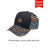 A custom cap featuring a black front and a vibrant, patterned brim. Includes a logo on the front.