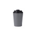 A drink bottle featuring a 350ML powder-coated stainless steel body in grey with a black lid and a logo.