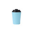 A 350ML powder-coated stainless steel coffee mug in light blue with a black lid and a logo.