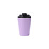 A powder-coated stainless steel coffee mug in lavender with a black lid and a logo.