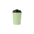 A powder-coated stainless steel coffee mug in a light green colour with a black lid and logo.