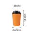 An orange 350ML powder-coated stainless steel coffee mug with a black lid, featuring a logo.