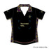 A black women's polo shirt featuring a colourful patterned trim and a placeholder for branding.